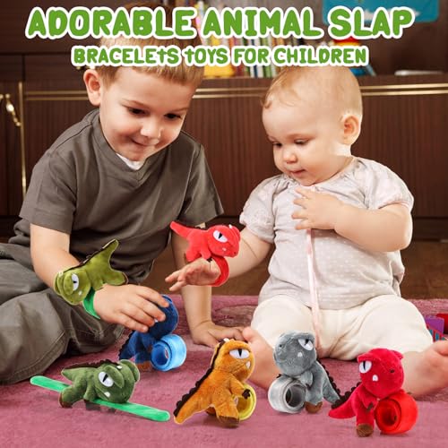 Lenwen 8 Pcs Dinosaur Stuffed Animals Slap Bracelets for Kids 8.66 Inch Back to School Plush Animal Bracelets Wrist Slap Snap Band Toy Adopt a Dinosaur Party Favors for Boys Girls Birthday Gifts - style: Dinosaur 1