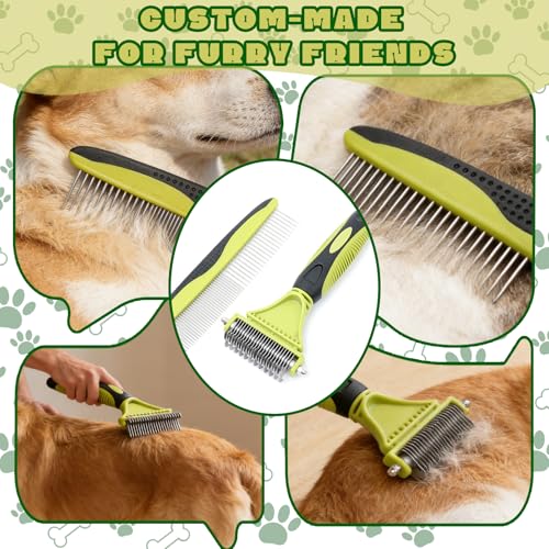 2-in-1 Pet Grooming Brush & Undercoat Rake, Double-Sided Hurtless Dematting Comb for Dogs & Cats, Universal Detangling, Shedding & Slicker Brush, Pet Grooming Tool for Removing Old Hair (Green)