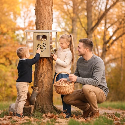 Widened Extra Large Wooden Squirrel Family House for Outside | Dual Protective Entry Design, with Squirrel Feeder, Squirrel Nesting Box with Multi-Platforms for Nesting & Shelter - size: Widened Extra Large