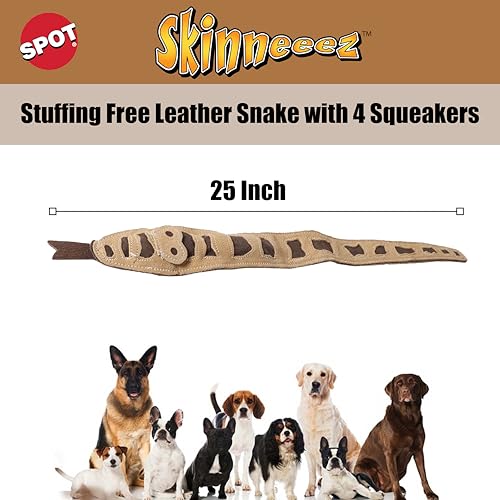 SPOT Skinneeez Leather Snake – 25in Stuffing-Free Dog Toy with Real Leather & 4 Squeakers, Durable Tug Toy for Light to Moderate Chewers, Great for Medium & Large Dogs - size: 25 Inch