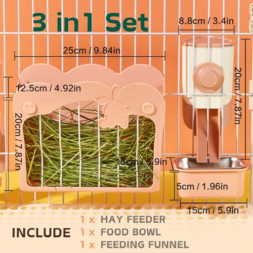 Rabbit Hay Feeder, 3-in-1 Feeding Set with Food Bowl and Hanging Funnel for cage, Hay Rack for Bunny Guinea Pig Chinchilla (Pink) - color: Pink
