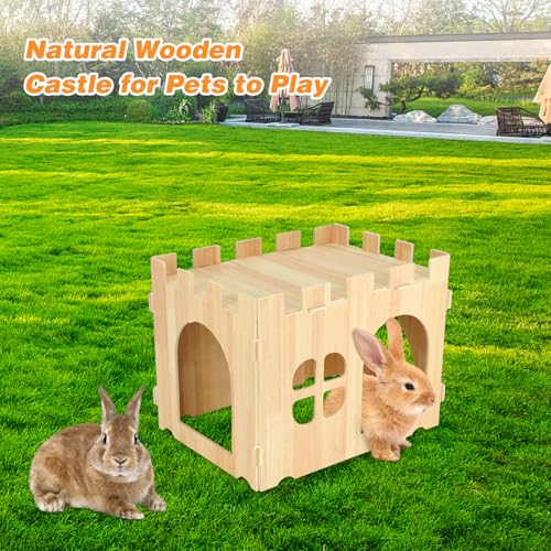 BWOGUE Large Wooden Bunny Hideout,Detachable Rabbit Castle for Small Animal | Wooden Rabbit Hideout, Wooden Rabbit Hideaway, Bunny Houses and Hideouts, Two Doors, 2-Story Play & Rest, Indoor Rabbit - style: 1 House