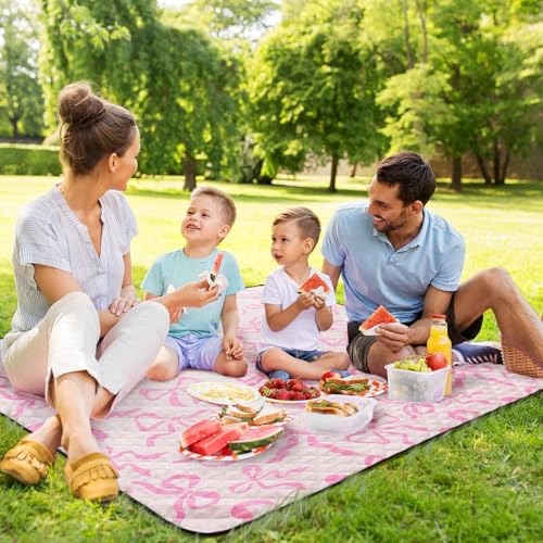 SmoothNovelty Pink Bow Picnic Blanket 80'' x 80'' Waterproof Extra Large Camping Blanket Coquette Picnic Mat Foldable Portable Preppy Outdoor Beach Mat with Carry Strap for Outdoor Grass Lawn Park - color: Pink
