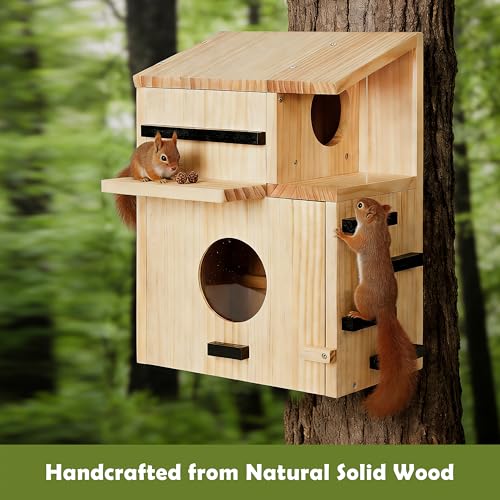 Large Wooden Squirrel House for Outside, Squirrel Nesting Box with Window | Dual Balconies,Observation Window, Squirrel Feeder, and Squirrel Box with Multi-Level Platforms for Nesting & Shelter