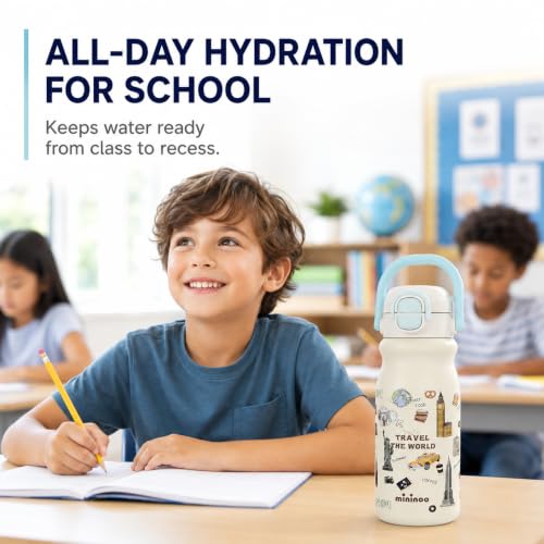 Mininoo 18oz Insulated Stainless Steel Kids Water Bottle for School | 2-in-1 Straw & Spout Lid, Leak-Proof, BPA-Free, for Girls & Boys, White - color: 18oz White-Travel the World