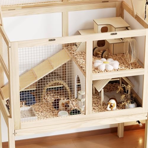 Timechee Guinea Pig Cages for 2, Small Animals Rabbit Cages with a Pull Out Tray, Large Wooden Indoor 2-Story Hamster House, Guinea Pig Hideout Habitat Playpen with Ramp, Platform, Natural