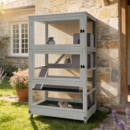 Large Ferret Cage, Chinchilla Cage with Bite-Resistant Frame, Slide-Out Tray, Lockable Casters, Four-Story Rat Cage for Small Animal - size: 36“ x 25” x 63.2“