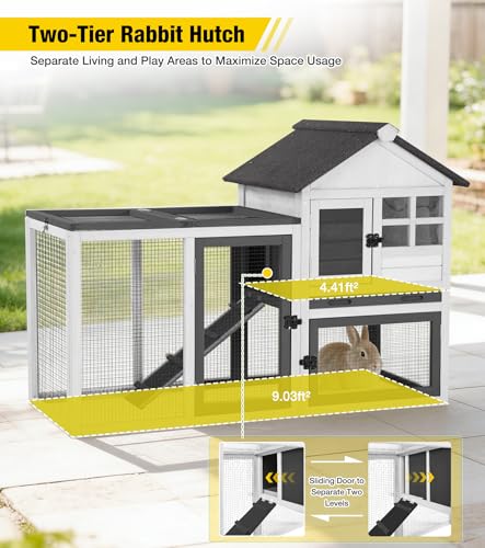 Aivituvin Two-Tier Rabbit Hutch Outdoor Bunny Cage Indoor with Weatherproof Roof Rabbit Cage with Chew-Proof Ramp and Pull-Out Tray for for Small Animals Black and White