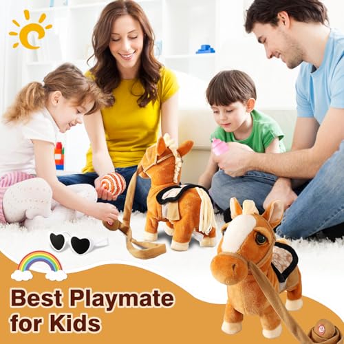 Marsjoy Walking Pony Toy Musical Singing Dancing Plush Interactive Pony Walk Along Horse with Leash Plush Stuffed Animal Shaking Head Buttocks Toy for Boy & Girl Kid Ages 3+ H: 11.81" - color: Brown Pony