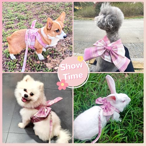 Cute Dog Harness and Leash Set with Bow Tie Soft Mesh Plaid Girl Puppy Harness No Pull Pet Cat Dog Vest Harness for Small Dogs Chihuahua Rabbit Outfit (Pink,S) - color: Pink, size: S(Chest 10"-12")