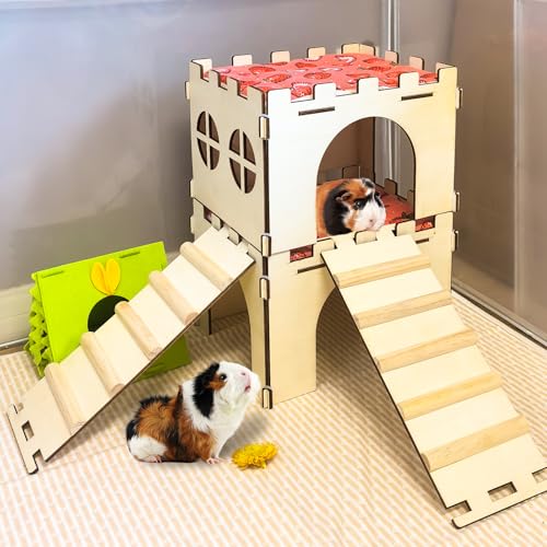 2PCS Guinea Pig Hideout,Large Wooden Guinea Pigs House with Stairs and Mats,Detachable Guinea Pig Castle Hide for Small Animals Hamster Chinchilla Ferret Habitats Accessories - size: 2 Houses