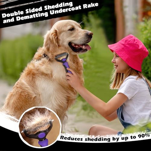Professional 3PCS Self Cleaning Slicker Brush & Pet Grooming Rake & Flea Comb for Dogs,Cats and Horses | Double-Sided Dematting Comb & Skin Friendly Deshedding Grooming Tool | Pet Supplies (Purple) - color: Purple