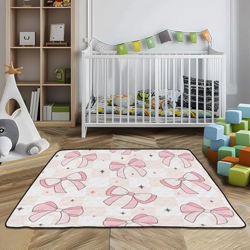 Baby Play Mat Pink Bows on Checkerboard 50 x 50 Playpen Mat for Floor Play Gym Crawling Non-Slip Cushioned Baby Playmat for Infants, Babies, Toddlers - color: Multi 4