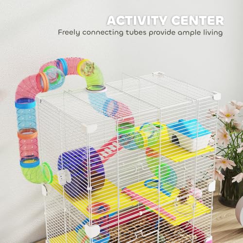 PawHut 18" 5 Tier Hamster Cage w/Tubes and Tunnels for Gerbil Pink | Small Animal Cage, Portable Carry Handle, Water Bottle, Food Dish, Exercise Wheel - color: Pink