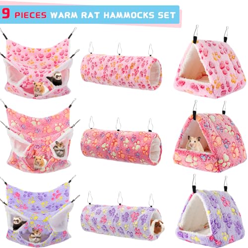 Abbylike 9 Pieces Rat Hammock 3 Tier Guinea Pig Ferret Hammocks Small Pet Hanging Tunnel Glider Toy Guinea Pig Ferret Hideout Bed Cage Accessories for Hamster(Purple, Pink, Rose Red,Paw) - color: Purple, Pink, Rose Red