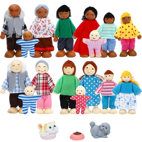 ONEST 19 Pieces Wooden Dollhouse Family Set Mini People Figures Sets Dollhouse Dolls Wooden Doll Family Pretend Play Figures Accessories for Pretend Dollhouse - style: E Set