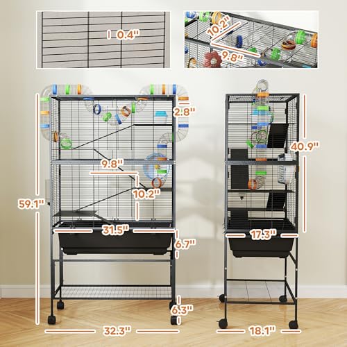 PawHut Large Hamster Cage with Deep Tray, 5 Tier for Syrian Gerbil Mouse | Rolling Rat Cage, Storage Shelf, Big Exercise Wheel, Tube System, Hut, Platforms, Ramps, Food Dish, Water Bottle - size: 32.3"L x 18.1"W x 59.1"H