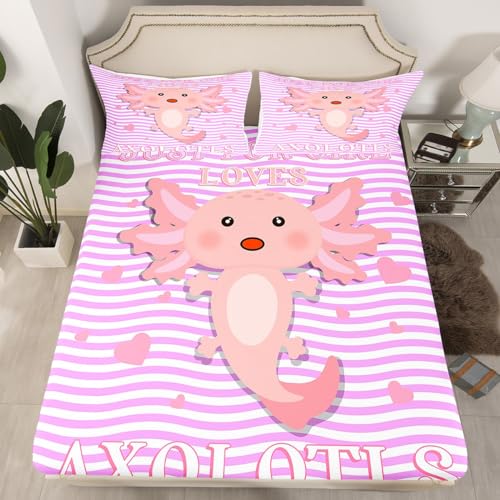 Axolotl Bed Sheets Kawaii Axolotl Bedding Set Twin Size Pink Cute Animal Sheet Set For Kids Boys Girls Teens Gift Room Decor Geometric Stripes Lines Fitted Sheet Cute Pet Flat Sheet, Purple - color: Multi 18, size: Twin