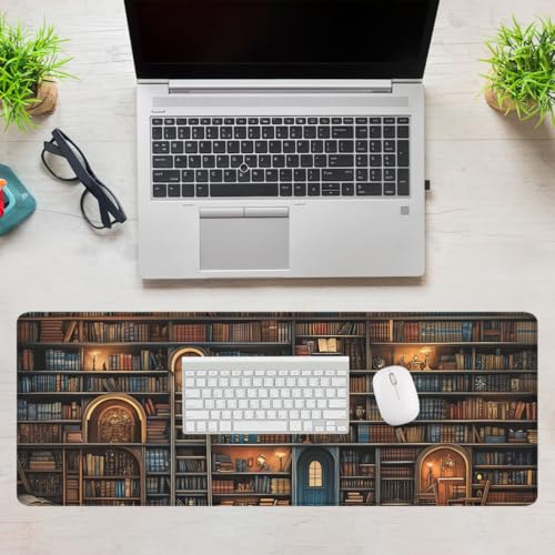 Shelves Desk Pad Mouse Pad Retro Old Bookshelf Bookcase Library Large Gaming Mouse Mat with Stitched Edges,Non-Slip Waterproof Rubber Base Mous Mat Office Computer Keyboard Laptop Home 31.5"x11.8" - color: Shelves, size: 31.5L x 11.8W inches