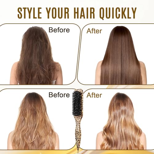 Slick Back Hair Brush Set Teasing Bristle Brush, Hair Wax Stick, Edge Brushes, Rat Tail Comb, Teasing Comb, Wooden Slickback Hairbrush Accessories, Smoothing Combs for Women & Kids(Leopard)