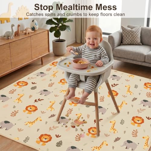 Basumee Splat Mat for Under High Chair, Waterproof & Mess-Proof Floor Mat | 46"×42" Baby Splash Mat, Non Slip Bottom, 4-Layer Fabric, Food & Liquid Catcher, Machine Wash for Boy Girl, Meals, BLW, Craft - color: Cream Animals, size: 46x42 Inches