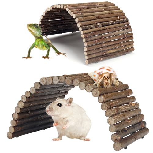 QUOZUO 2PCS Reptile Hideout Hermit Crab Bendable Bridge, Wooden Hermit Crab Hideout Climbing Toys, Reptile Tank Habitat Decor Hiding Hut for Lizards, Mice, Spiders