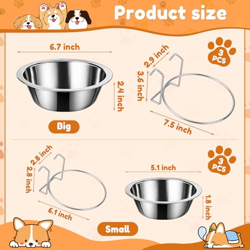 6 Pack Hanging Dog Kennel Bowls, No Spill Crate Water Bowl Food Feeder for Cage Removable Coop Cup with Hook Holder for Puppy Small Cat Ferret Rabbit Stainless Steel Dogs Dish 10 & 20oz