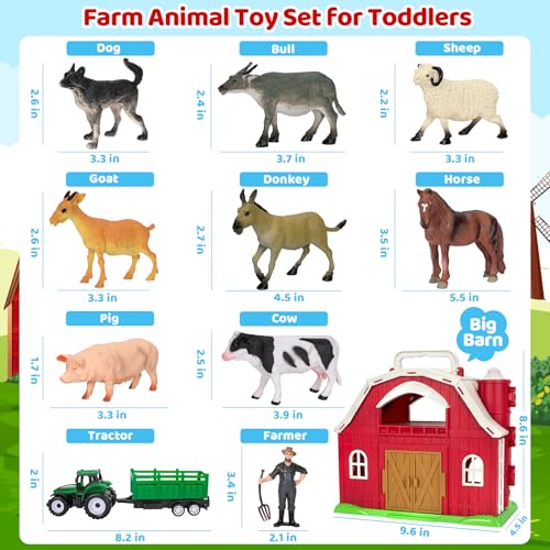 Farm Animals Toys for 1 2 3 4 5 Year Old Toddlers Girls Boys, Big Red Barn Farm Playset with Figures Animals and Tractor Toy for Kids 1-3, Educational Learning Toys, Christmas Birthday Easter Gifts