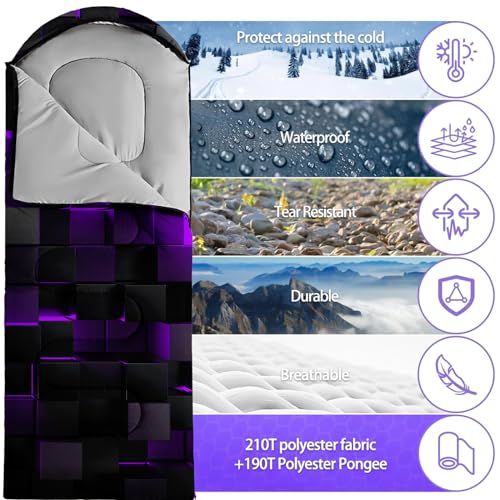 Sleeping Bags for Adults and Kids Backpacking Camping Sleeping Bags for Girls and Boys Lightweight Waterproof Cold/Warm Sleeping Bag for All Season - color: dark purple