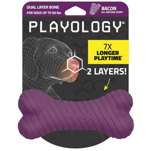 Playology Dual Layer Bone Dog Chew Toy - Medium, Bacon Scent | Rubber Construction, All Natural Scent, Heavy Duty Design - size: Medium, style: Bacon