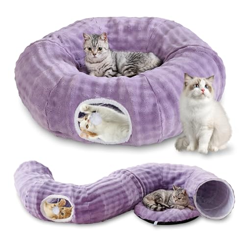 Bubble Round Cat Tunnel for Indoor Cats, Dusty Purple | Peekaboo Cave Toy with Dangling Balls, Donut Tunnel Bed with Circle Mat for Puppy Kitten Rabbit - color: Dusty Purple, size: Round