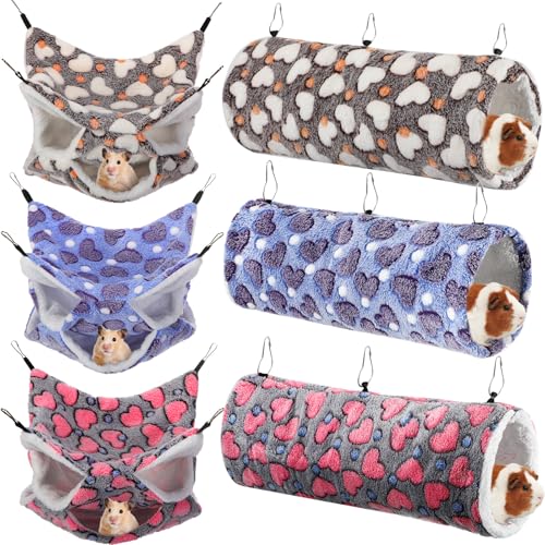 6 Pcs Rat Hammock Set Ferret Hanging Tunnel 3 Tier Guinea Pig Hammocks Hideout Soft Chinchilla Bed for Cage Accessories Hide,Play and Sleep(Cute,Heart) - color: Cute