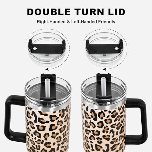 40 oz Tumbler with Handle and Straw, 100% Leak-Proof Travel Mug, Stainless Steel Double Wall Vacuum Insulated Coffee Cup Keeps Cold For 34 Hours, Cheetah - color: Cheetah