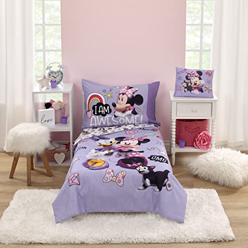 Disney Minnie Mouse I am Awesome Lavender, Pink, and White with BFF Daisy Duck, and Figaro The Cat 4 Piece Toddler Bed Set - Comforter, Fitted Bottom Sheet, Flat Top Sheet, and Reversible Pillowcase