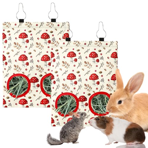JarThenaAMCS 2 Pcs Rabbit Hay Feeder Bag with 2 Holes Mushroom Guinea Pig Hanging Hay Feeding Bag Red Storage Dispenser for Chinchilla Hamster Bunny Small Animal Pet, 11.5 x 9 Inch