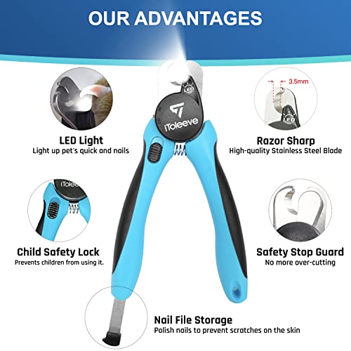iToleeve LED Dog Nail Clipper with Light, Illuminates Nails Helps See Quick | Professional Pet Nail Trimmer for Dogs & Cats, Extra Sharp Blade for Thick Nails, Safety Guard, Nail File & Safety Lock