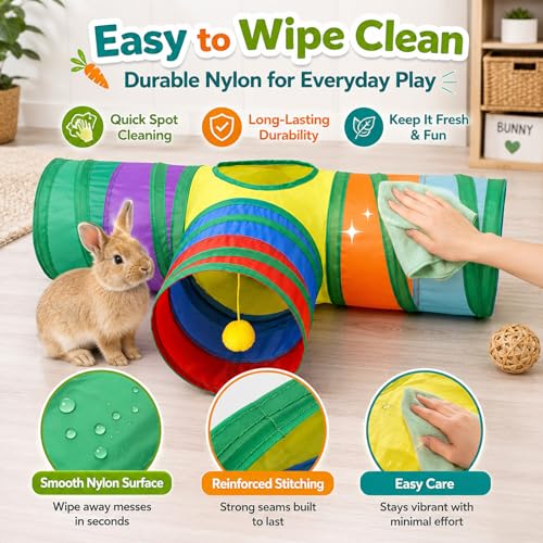 Mechpia Rabbit Toys, 3 Way Buuny Hideout Foldable Rabbit Tunnel and Tubes for Rabbit Guinea Pig Chinchilla Ferret Rat