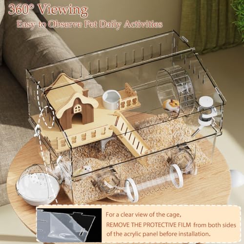 All in 1 Hamster Cage with Tunnel and 7 Accessories,Clear Acrylic Small Animal Habitat for Drawf Hamster,Gerbil,Hedgehog(17.7"*11.8"*13.4")