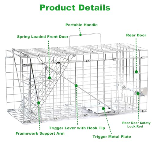 Live Squirrel Trap, Foldable Heavy Duty Humane Animal Cage Trap, Large Rat Trap Cage Catch and Release, Rodent Rabbit Trap for Indoor and Outdoor - 17” L x 7.9” W x 7.5” H