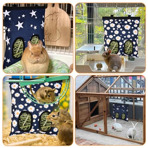 Upgraded Rabbits Hay Feeder Bag for Bunny, Guinea Pigs, Chinchillas - Hanging Washable 2-Hole Hay Dispenser with 600D Oxford Fabric, Small Animal Cage Accessories (Blue Star) - color: Blue Star
