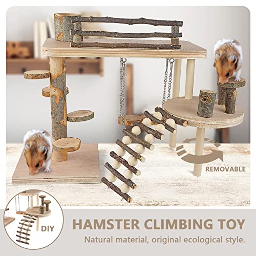 VolksRose Wooden Hamster Playground Platform, Hamster Climbing Toy, Natural Living Climb System, Small Animals Activity Set with Ladder Food Bowl Ramp Bridge for Mouse Gerbil Rat Chinchilla - color: #4