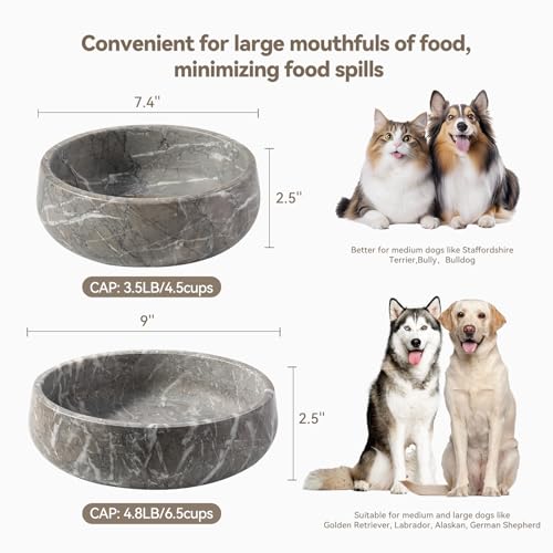 Karibiber Marble Dog Bowl, 6lbs Weighted Dog Food Bowl, Non-Slip Large Heavy Water Bowls, Grey Stone Food and Water Dish for Medium Dogs, Natural Marble, Easy to Clean, Holds 6 Cups - color: Deep Grey, size: L