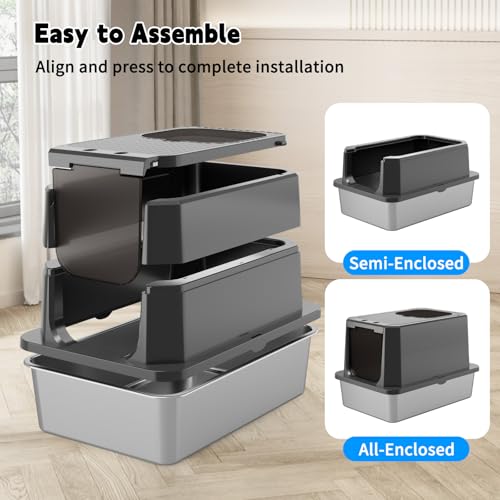 RIZZARI Stainless Steel Cat Litter Box with Dual Exit & Flip Top | Dual Entry Exit & Top / Stainless No Odor / Litter Catch Pedal / Enclosed or Open / Easy Clean Tool-Free / Cats & Apartments - color: Solid Black