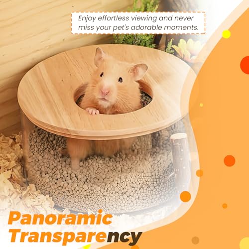 ASTIMESA Plastic Hamster Sand Bath Container with Ladder, Clear Hamster Litter Box Tub Wood Cover for Chinchilla Pet Gerbil Guinea Pig Digging Small Animal House Round