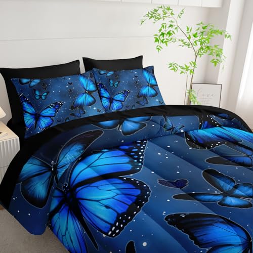 7Pcs Blue Butterfly Comforter Set Animals Printed Bedding Set with 1 Comforter, 1 Flat Sheet, 1 Fitted Sheet and 4 Pillowcases for Boys and Girls Bedroom (Butterfly King - color: Butterfly, size: King 102x91inches