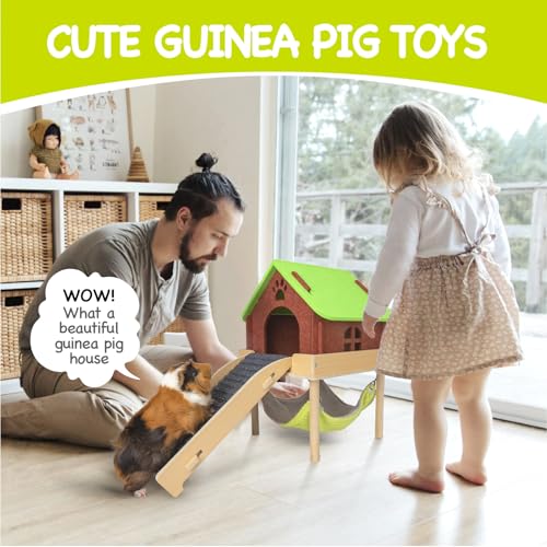 BESNEW 3 in 1 Enlarged Guinea Pig Hammock,Wooden Guinea Pig Hideout with House & Platform & Stairs Small Animal Toys for Hiding Sleeping Activities - color: Green Roof