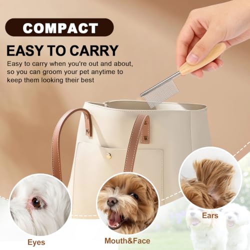 HOP Small Dog Comb with Wooden Handle Dog Eyes&Face Metal Comb | Pet Fine Tooth Flea Comb,Pet Grooming Tool for Dogs Cats Rabbits Guinea Pigs Gentle Remove Loose Hair Tangles Dirt Fleas