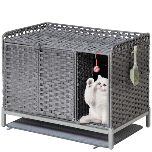 SETVSON Cat Litter Box Enclosure Furniture with Divider, Cat Cabinet,Gray | Handwoven PE Rattan with Soft Mat, 3.54-In Heightened Metal Feet, 2 S-Hooks, 31.2 x 19.6 x 24.2 Inches Spacious Cat Furniture - color: Grey