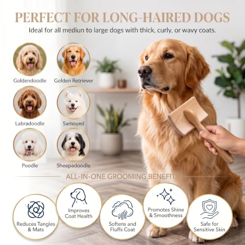 Wooden Long Pin Slicker Brush for Dog, Poodles & Doodles Long Hair | Grooming, Fluff & Detangle Heavy Dense Wavy Curly Coats to Easily Prevent Severe Hair Matting During Shedding Seasons - color: Wood
