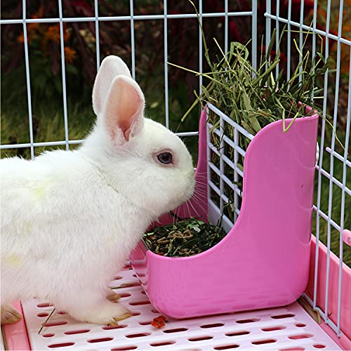 HERCOCCI Rabbit Hay Food Bin Feeder and Bunny Water Bottle Set, Hay Food Feeder Bowls Manger Rack with 500ml Hanging Water Dispenser Prevent Knock Over for Rabbit Guinea Pig Chinchilla (Large, Pink) - color: PINK